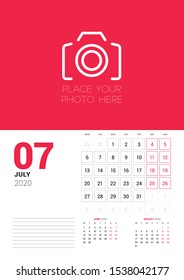 Wall calendar planner template for 2020 year. July 2020. 3 months on the page. Week starts on Monday. Vector illustration