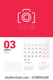 Wall calendar planner template for 2020 year. March 2020. 3 months on the page. Week starts on Monday. Vector illustration