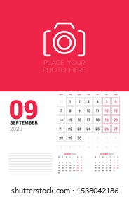Wall calendar planner template for 2020 year. September 2020. 3 months on the page. Week starts on Monday. Vector illustration