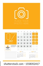 Wall calendar planner template for 2020 year. 3 months on the page. June, July, August. Week starts on Monday. Vector illustration