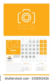 Wall calendar planner template for 2020 year. 3 months on the page. March, April, May. Week starts on Monday. Vector illustration