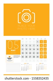 Wall calendar planner template for 2020 year. 3 months on the page. April, May, June. Week starts on Monday. Vector illustration