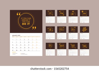 Wall calendar planner template for 2020. Vector design print template with typographic motivational quote. Set of 12 months. Week starts on Monday