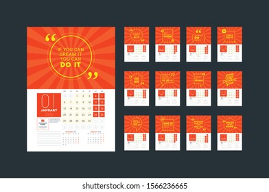 Wall calendar planner template for 2020. Vector design print template with typographic motivational quote. Set of 12 months. Week starts on Monday