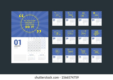 Wall calendar planner template for 2020. Vector design print template with typographic motivational quote. Set of 12 months. Week starts on Monday