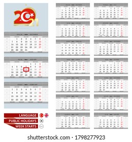 Wall calendar planner template for 2021 year. Turkish and English language. Week starts from Monday. Ready for print. Vector Illustration.