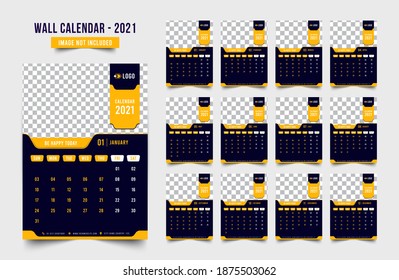  Wall calendar planner template for 2021, Set Wall Calendar template design with Place for Photo and  Logo. Week Starts on Monday. Set of 12 Months