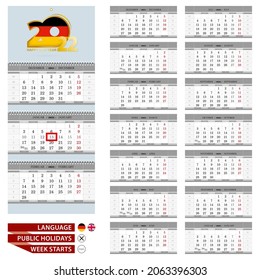 Wall calendar planner template for 2022 year. Germany and English language. Week starts from Monday. Ready for print. Vector Illustration.