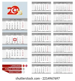 Wall calendar planner template for 2023 year. Turkish and English language. Week starts from Monday. Ready for print. Vector Illustration.