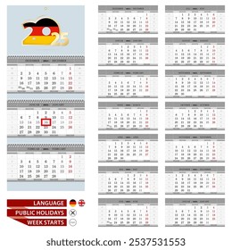 Wall calendar planner template for 2025 year. Germany and English language. Week starts from Monday. Ready for print. Vector Illustration.