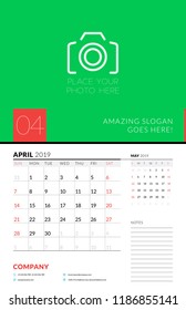 Wall calendar planner template for April 2019. Week starts on Sunday. Vector illustration