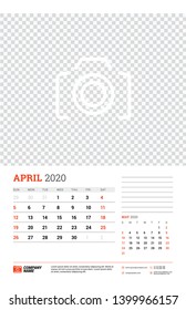 Wall calendar planner template for April 2020. Week starts on Sunday. Typographic design template. Vector illustration