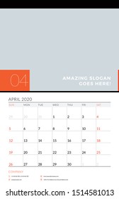 Wall calendar planner template for April 2020. Week starts on Sunday. Vector illustration