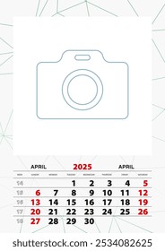 Wall calendar planner template for April 2025, week starts on sunday. Vector illustration.