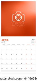 Wall Calendar Planner Template for April 2017. Week Starts Monday. Place for Photo. Stationery Design. Vector Illustration