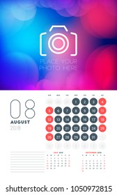 Wall calendar planner template for August 2018. Vector design print template with abstract background or place for photo. Week starts on Sunday