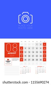 Wall calendar planner template for August 2019. Week starts on Sunday. Vector illustration