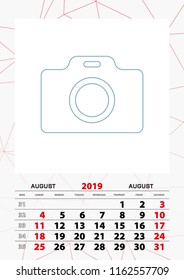 Wall calendar planner template for August 2019, week starts on sunday. Vector illustration.
