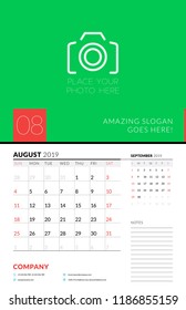 Wall calendar planner template for August 2019. Week starts on Sunday. Vector illustration