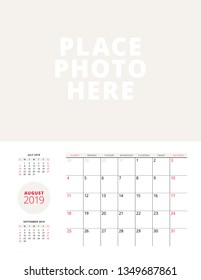 Wall calendar planner template for August 2019. Week starts on Sunday. Vector illustration. Stationery print design
