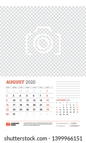 Wall calendar planner template for August 2020. Week starts on Sunday. Typographic design template. Vector illustration