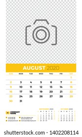 Wall calendar planner template for August 2020. Week starts on Sunday. Typographic design template. Yellow and black color theme. Vector illustration