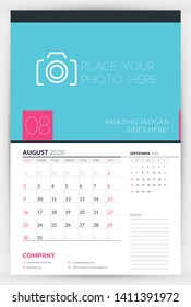 Wall calendar planner template for August 2020. Week starts on Sunday. Typographic design template. Vector illustration