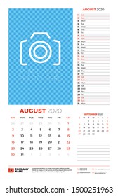 Wall calendar planner template for August 2020. Week starts on Sunday. Typographic design template. Vector illustration