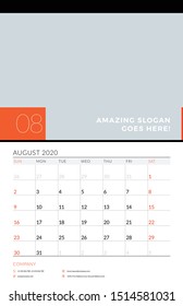 Wall calendar planner template for August 2020. Week starts on Sunday. Vector illustration