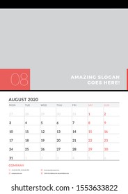 Wall calendar planner template for August 2020. Week starts on Monday. Vector illustration