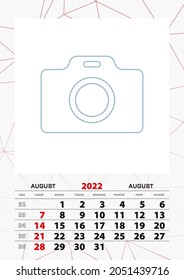 Wall calendar planner template for August 2022, week starts on sunday. Vector illustration.