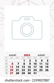 Wall calendar planner template for August 2023, week starts on sunday. Vector illustration.