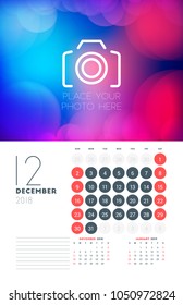 Wall calendar planner template for December 2018. Vector design print template with abstract background or place for photo. Week starts on Sunday