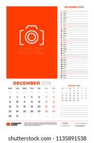 Wall calendar planner template for December 2019. Week starts on Monday. Vector illustration