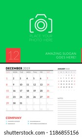 Wall calendar planner template for December 2019. Week starts on Sunday. Vector illustration