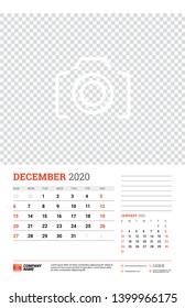 Wall calendar planner template for December 2020. Week starts on Sunday. Typographic design template. Vector illustration