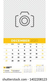 Wall calendar planner template for December 2020. Week starts on Sunday. Typographic design template. Yellow and black color theme. Vector illustration