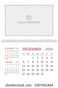 Wall calendar planner template for December 2020 year with place for photo. English vector layout with dates grid on white background. Week starts from Sunday. White corporate calendar design.