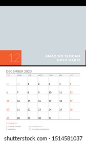 Wall calendar planner template for December 2020. Week starts on Sunday. Vector illustration