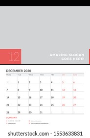 Wall calendar planner template for December 2020. Week starts on Monday. Vector illustration