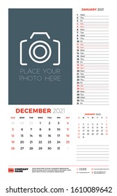 Wall calendar planner template for December 2021. Week starts on Sunday. Stationery design template. Vector illustration