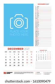 Wall calendar planner template for December 2021. Week starts on Monday. Stationery design template. Vector illustration