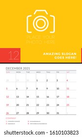 Wall calendar planner template for December 2021. Week starts on Sunday. Stationery design template. Vector illustration