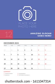 Wall calendar planner template for December 2021. Week starts on Monday. Stationery design template. Vector illustration