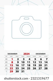 Planilla de calendario de pared para diciembre de 2024, la semana comienza el domingo. Ilustración vectorial.