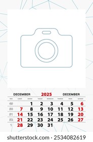 Wall calendar planner template for December 2025, week starts on sunday. Vector illustration.