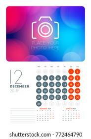 Wall calendar planner template for December 2018. Vector design print template with abstract background or place for photo. Week starts on Monday