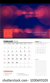 Wall calendar planner template for February 2018. Vector design print template with abstract background or place for photo. Week starts on Sunday