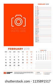 Wall calendar planner template for February 2019. Week starts on Monday. Vector illustration