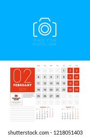 Wall calendar planner template for February 2019. Week starts on Monday. Vector illustration